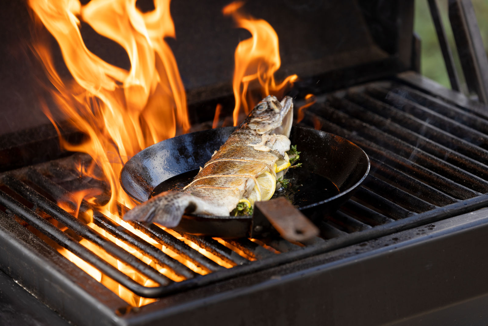 Grill frying a fish