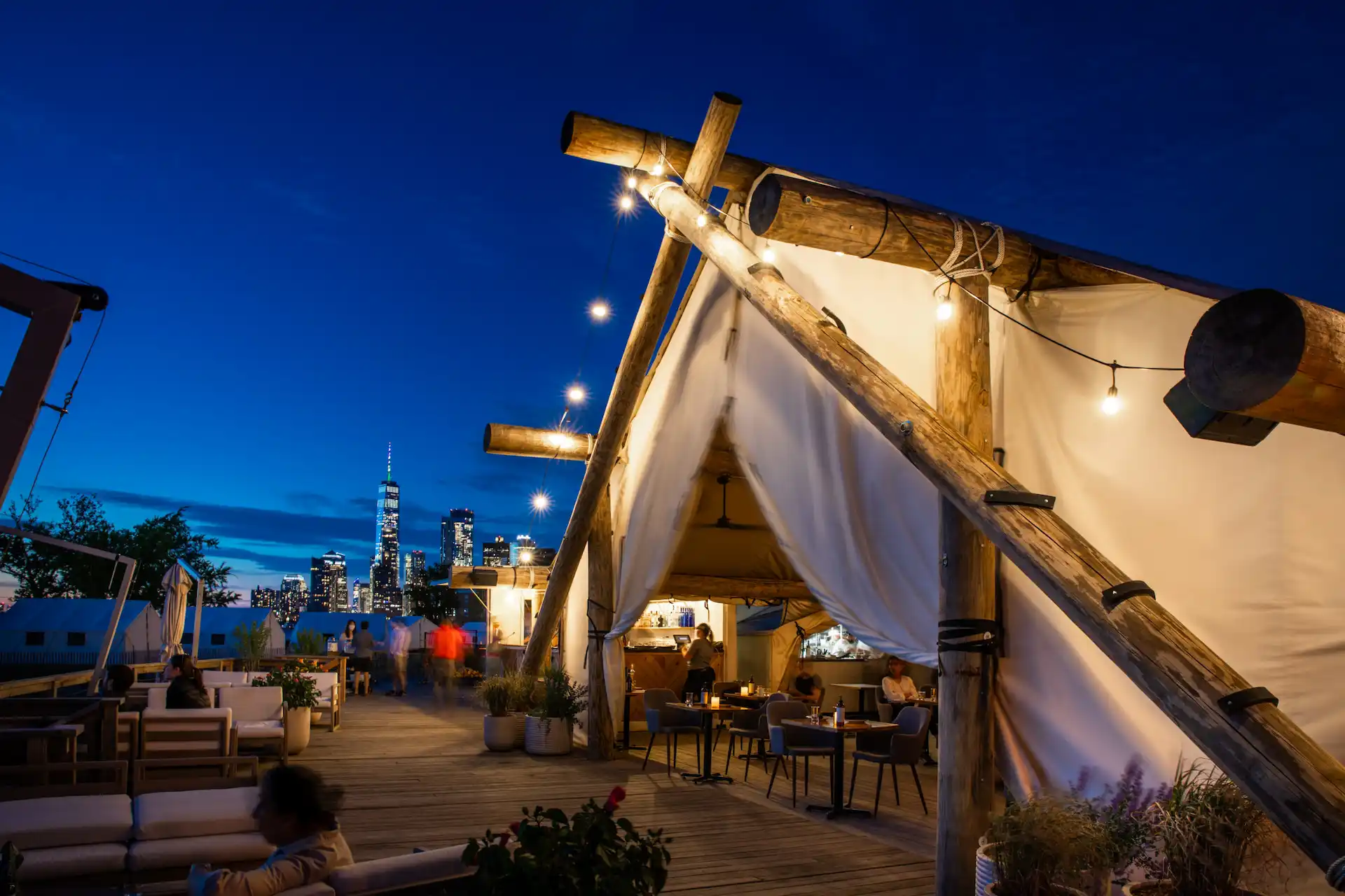 Governors Island tent exterior at night